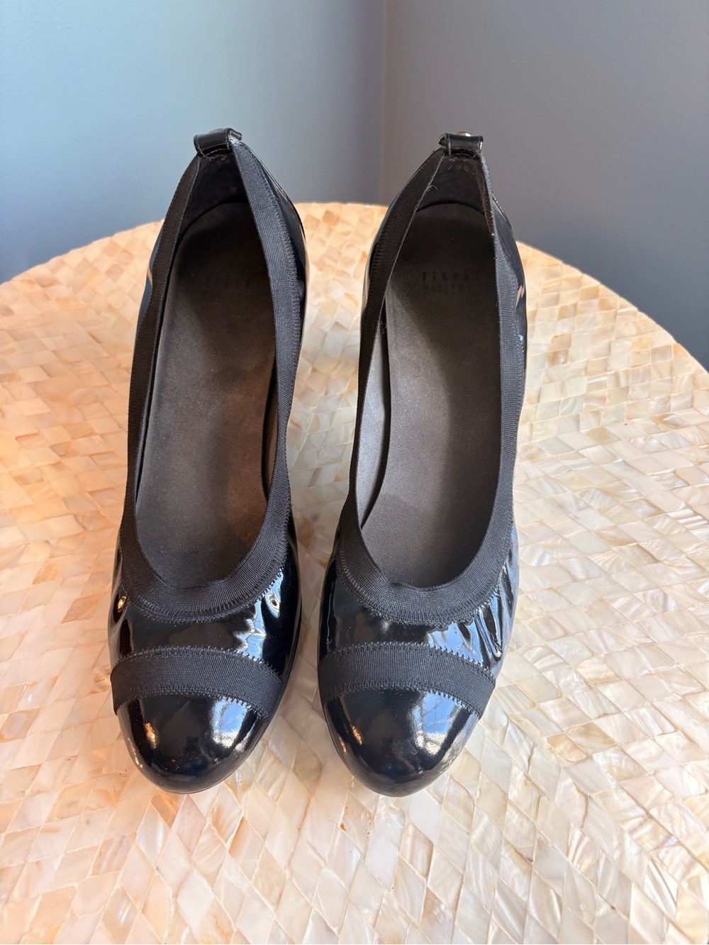 Stuart Weitzman Black Patent Round-Toe Elastic-Trim Pumps